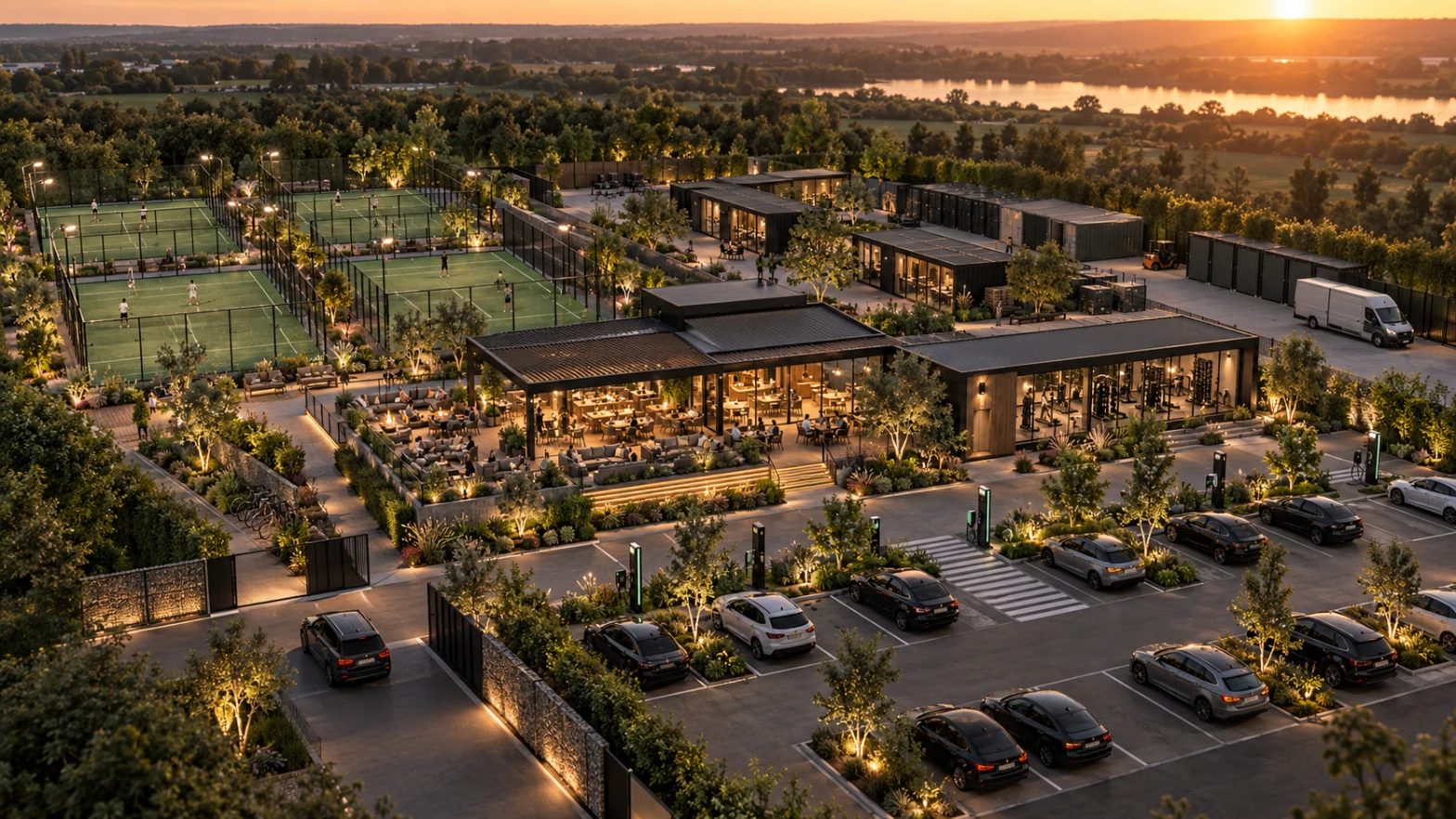 Concept visual of a KN WORKS site at sunset: courts, a social terrace, gym, storage and EV parking
